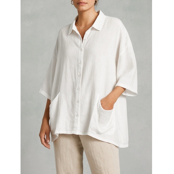 cut loose Tops - Cut Loose White Linen Oversized Button Front Shirt Top 3/4 Sleeve Made in USA L